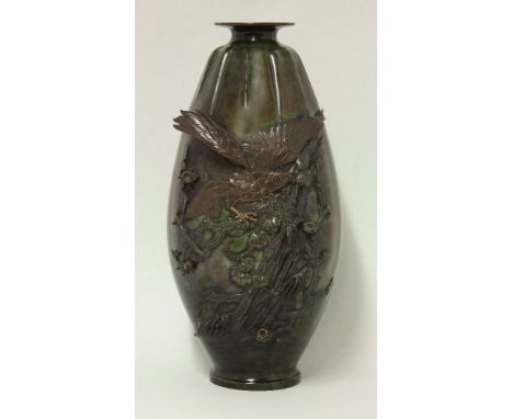 An unusual and good mixed-media bronze Vase, c.1880, the verdigris-green, gourd body with a copper-bronze eagle, details in g