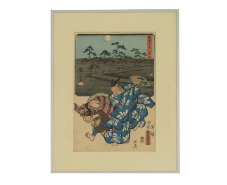 Toyokuni, oban, an unusual print of two roistering men, the background a print after Hiroshige