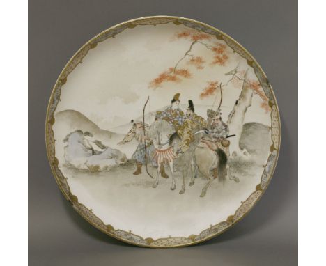 Two very unusual Japanese enamel Dishes, c.1890, each on an earthenware body, probably French, enamelled on one with the warr