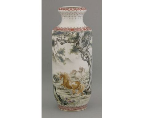 A finely enamelled Vase, by Zhang Zhitang (1893-1971), probably 1940s, the body of almost cylindrical form, painted in photog