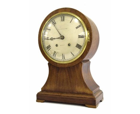 Oak and mahogany two train balloon mantel clock striking on a gong, the 8" silvered dial signed Heitzmann & Sons, Cardiff, wi