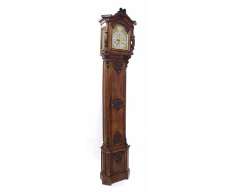 French oak eight day Comtoise longcase clock, the 7.75" brass arched dial signed Lombart, Anamur on a silvered boss to the ar