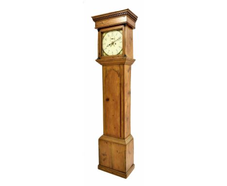 Pine eight day longcase clock, the 12" painted square dial with subsidiary seconds dial and calendar aperture, the case with 
