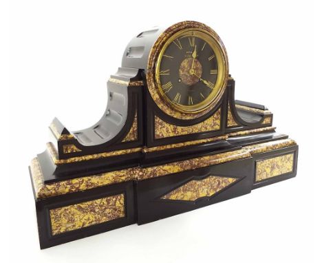 Good black slate and coloured marble two train drumhead mantel clock, the 4.75" black slate dial signed Birkle Bros, 36, Comm