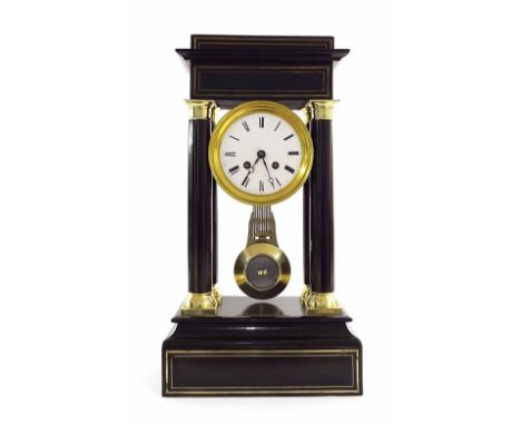 French ebonised and brass mounted two train portico mantel clock, the movement with outside countwheel striking on a bell, th