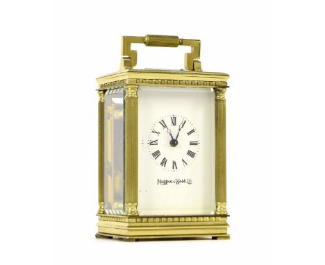 Mappin & Webb miniature brass cased carriage clock timepiece, 4" high (key)