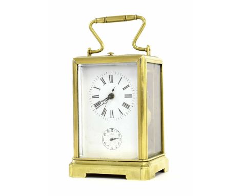 Repeater alarm carriage clock striking on bells to the back plate and base, within a four glass case, 7.5" high