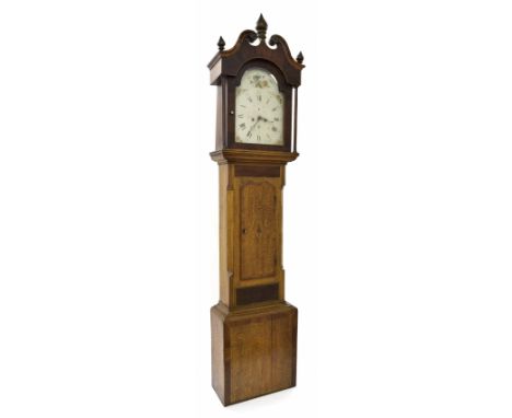 Oak and mahogany inlaid eight day longcase clock, the 13" painted arched dial signed G. Harvey..., the case with short crossb