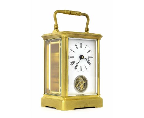 Eight day carriage clock timepiece, the dial with visible one minute revolving Tourbillon escapement in the manner of Breguet