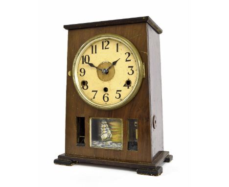 Walnut three train automaton mantel clock, the 5.5" cream dial over a visible window with rocking ship upon waves before a re