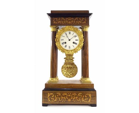 French rosewood inlaid two train portico mantel clock, the movement with outside countwheel striking on a bell, the 4" cream 