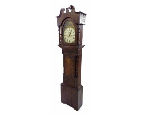 Oak and mahogany crossbanded eight day longcase clock, the 13" painted arched dial signed M. Corke, Stourport, with subsidiar