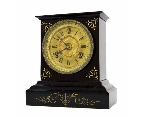 Black slate two train mantel clock, the 4.5" gilded dial within a stepped case, 10" high (no pendulum or key)
