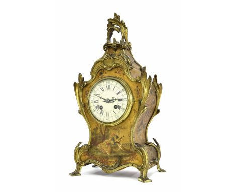 French Vernis Martin two train mantel clock, the Mougin movement striking on a gong, the 4" cream dial within a balloon shape