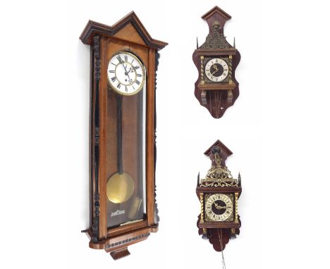 Walnut single weight Vienna regulator wall clock, 41" high; also two contemporary Dutch wall clocks, all in need of restorati