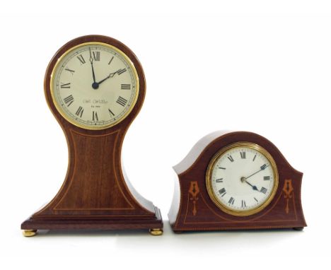 Contemporary mahogany inlaid balloon shaped battery operated mantel clock, 10.5" high; also a small mahogany inlaid mantel ti