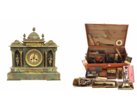 Large quantity of various clockmaking tools including punches, pliers and files etc, within an old painted pine box; also a F