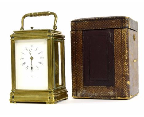 Good repeater carriage clock striking the hours and quarters on two gongs, the dial plate signed Dent, ...Strand, London, wit