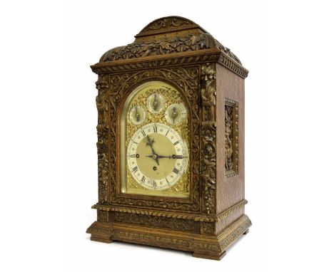 Good English oak triple fusee boardroom clock, the 8" brass arched dial with silvered chapter ring enclosing a matted centre,