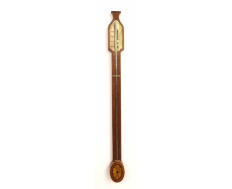 Kingwood stick barometer, the silvered scale over a flat trunk banded with ebony and boxwood, the oval cistern cover inlaid w