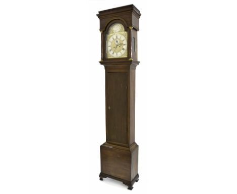 Oak eight day longcase clock, the 12" brass arched dial signed Edn. Webb, Bristol on a silvered disc to the arch over a silve