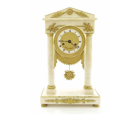 French Empire white marble and gilt metal mounted two train portico mantel clock, the movement with outside countwheel striki