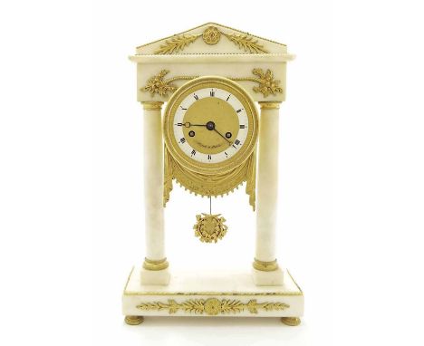 French Empire white marble and gilt metal mounted two train portico mantel clock, the movement with outside countwheel striki