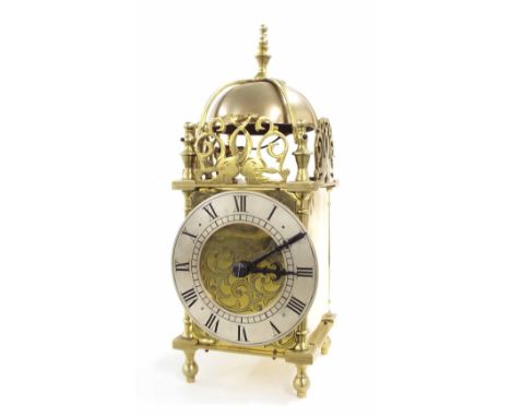 Small brass striking lantern clock with platform escapement, 10" high (double-ended key)