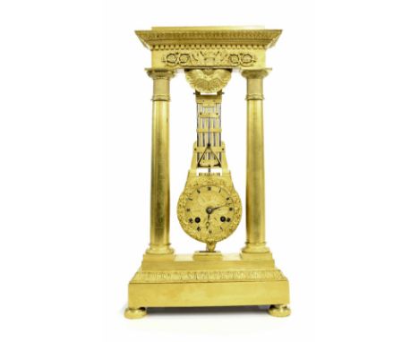 Fine French ormolu swinging pendulum portico clock, the 3" gilded chapter ring signed Humbert A-Metz enclosing a foliate engr