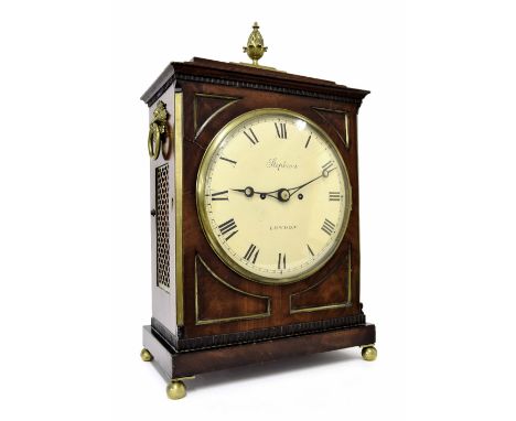 Mahogany double fusee bracket clock, the 9" convex cream dial signed Stephens, London, within a brass bound panelled stepped 
