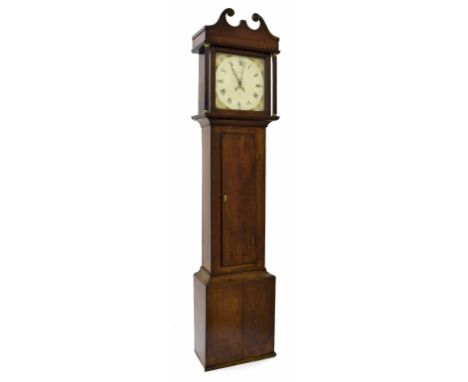 Oak thirty hour longcase clock, the 12" square painted dial with calendar aperture, the case with long door and the hood surm