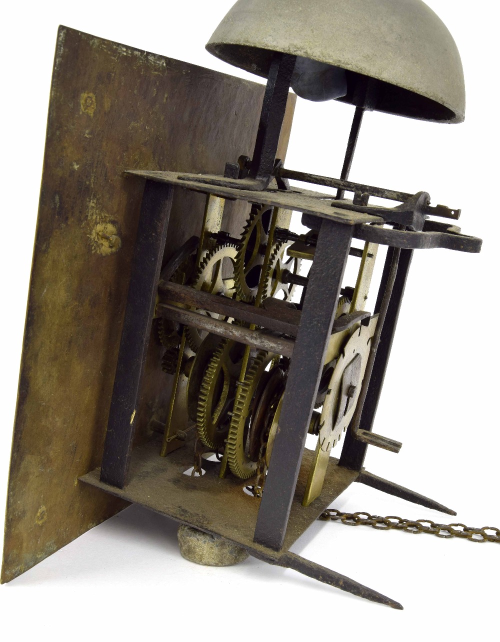 Early and unusual thirty hour hook and spike wall clock with birdcage