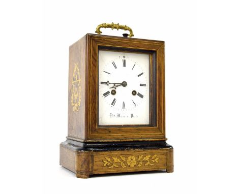 French rosewood inlaid two train mantel clock, the Henry Marc movement with outside countwheel and silk suspension striking o