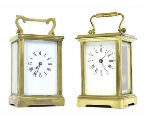 Carriage clock timepiece, within a corniche brass case, 6" high (key); also a contemporary carriage timepiece (key) (2)