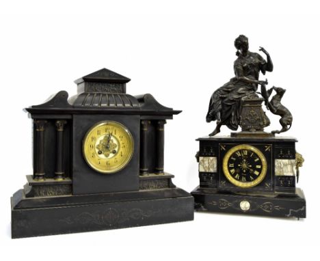 Black slate two train mantel clock within a temple case, 16" high; also a black slate and white marble two train figural mant