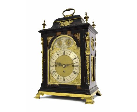 English ebonised triple fusee bracket clock, the 7.5" brass arched dial signed William Page, Chime Clock Manufacturer, Great 