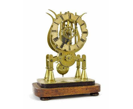 Brass single fusee lyre skeleton clock, the 5" silvered wavy chapter ring upon arched supports and cone stepped feet to the r
