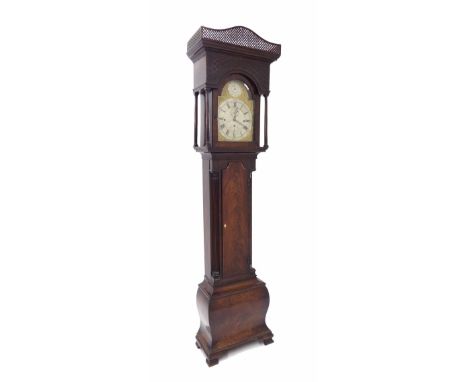 Good mahogany three train longcase clock, the 12" brass arched dial with silvered chapter ring signed Morgan, Leominster, enc