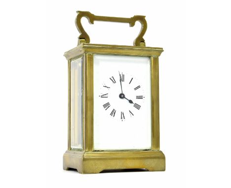 Carriage clock timepiece, within a corniche brass case, 6" high