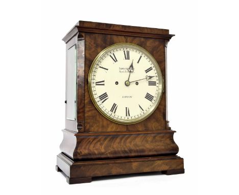 Fine English flame mahogany double fusee bracket clock, the 7.75" cream dial signed James McCabe, Royal Exchange, London, the