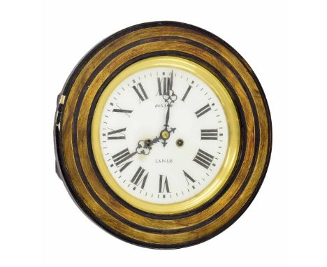 French vineyard style 9" wall dial clock signed Jorand, Laigle, within a fruitwood and ebonised flat turned surround (pendulu