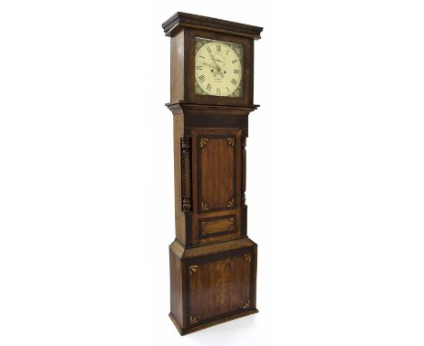 Oak and mahogany inlaid eight day longcase clock, the 13" square painted dial signed H. Tomkins, Overton with subsidiary seco