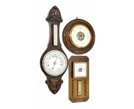 Circular wall barometer, the 7.5" cream dial with skeletonised centre within a foliate carved turned surround; also a banjo b