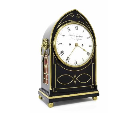 Good English ebonised and ormolu mounted double fusee lancet bracket clock, the 7" white enamel dial signed Richard Ganthony,