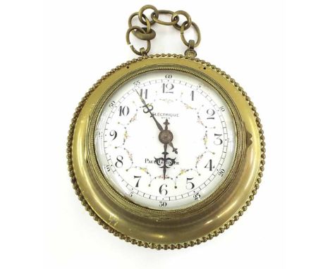 Electric wall clock, the 4.5" white floral painted dial signed Paul Garnier, within a circular brass beaded case