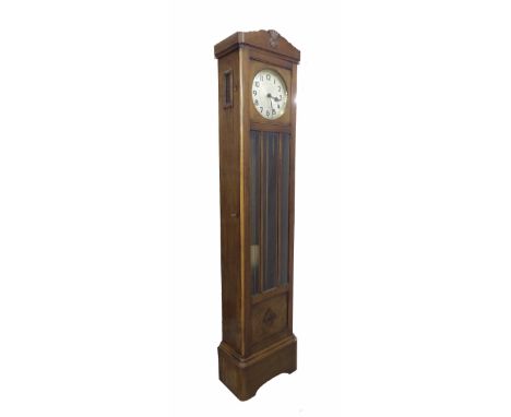 1930s three train oak longcase clock, the 10" silvered dial with Arabic numerals within a bevelled glazed case, 82" high (wit