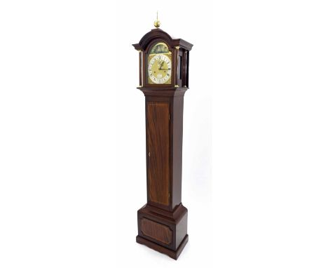Contemporary mahogany two train grandmother clock, the 9" brass arched dial signed Sinclair Harding, Cheltenham on an oval pl