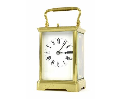 Repeater carriage clock striking on a gong, within a corniche brass case, 6.75" high