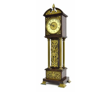 Miniature oak and brass cased longcase clock timepiece with platform escapement, the 3.25" cream chapter ring enclosing a fil