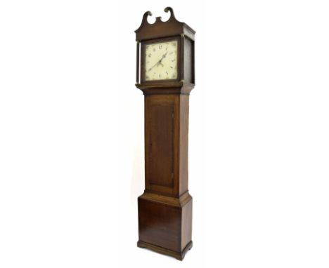 Oak and mahogany crossbanded thirty hour longcase clock, the 12" square painted dial with calendar aperture, the case with lo